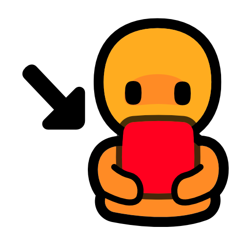 the head and shoulders of a yellow figure holding a red square. a black arrow points down to the square